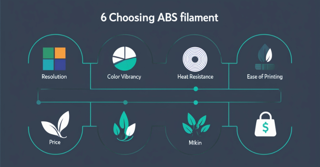 Visual infographic showing six important factors to consider when choosing ABS filament