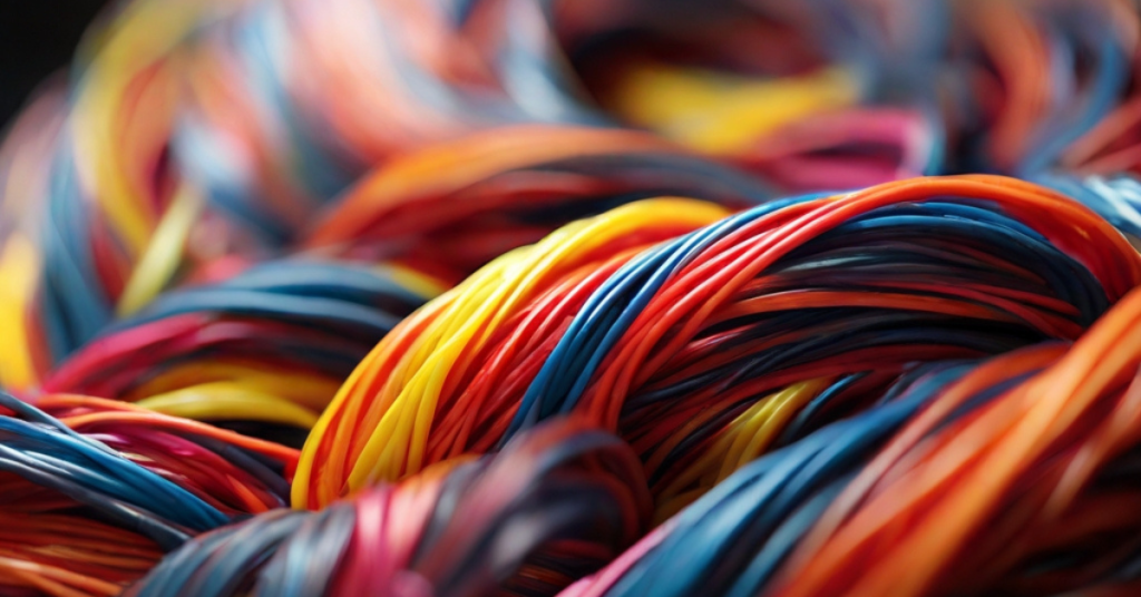 Tightly twisted strands of colorful ABS filament in vibrant reds, yellows, blues, and oranges, symbolizing energy, diversity, and creative potential in 3D printing