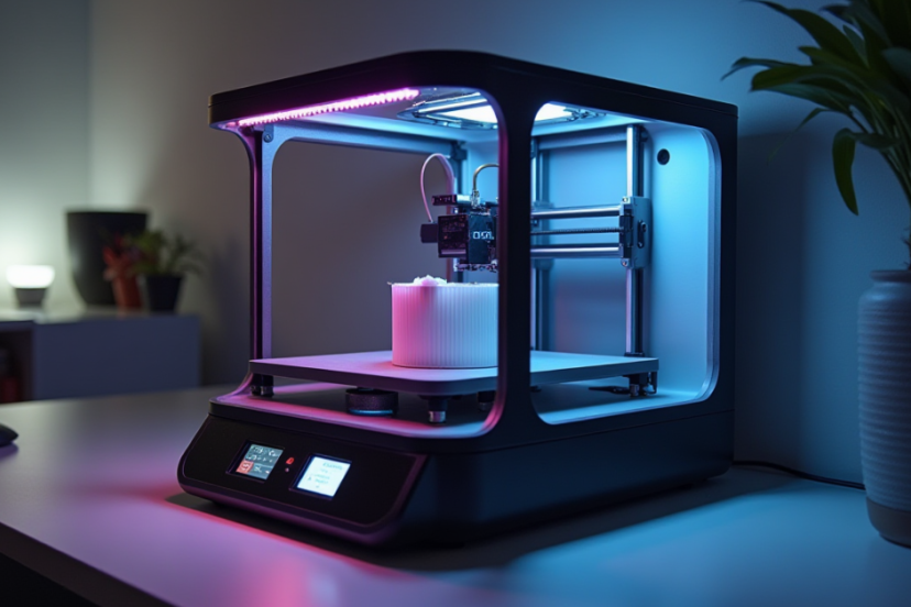 3D printer inside a transparent enclosure with LED lights.