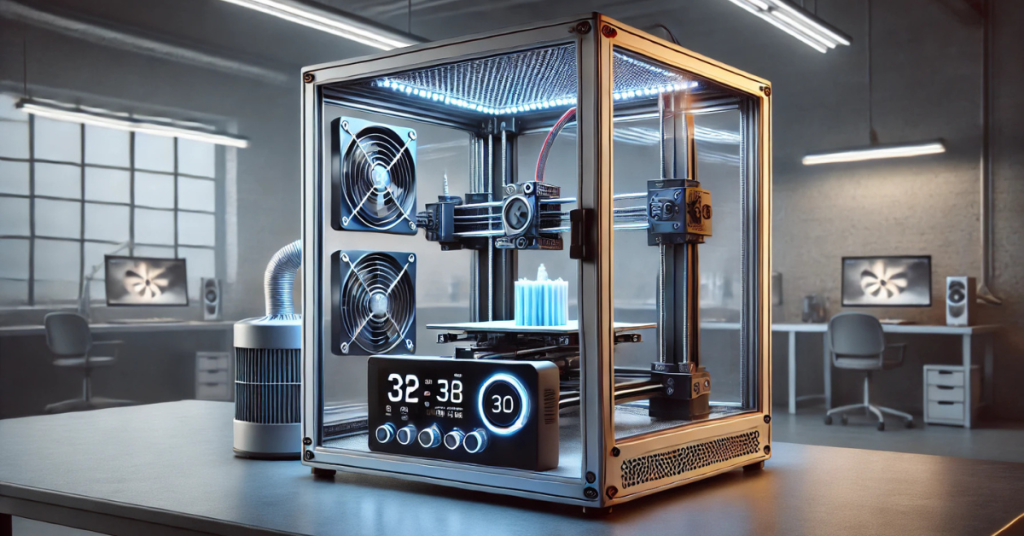 3D printer enclosure with temperature control and ventilation.