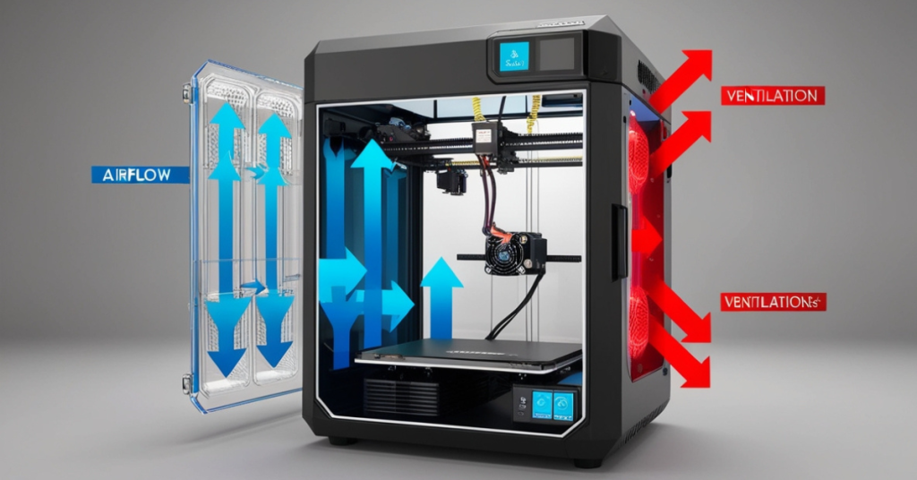 Cutaway diagram of a 3D printer enclosure showing airflow, ventilation, and heat retention.