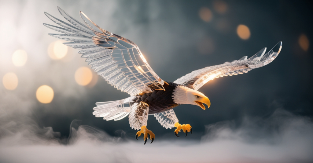 Photorealistic 3D printed eagle sculpture in crystal-clear filament with glowing highlights and misty background