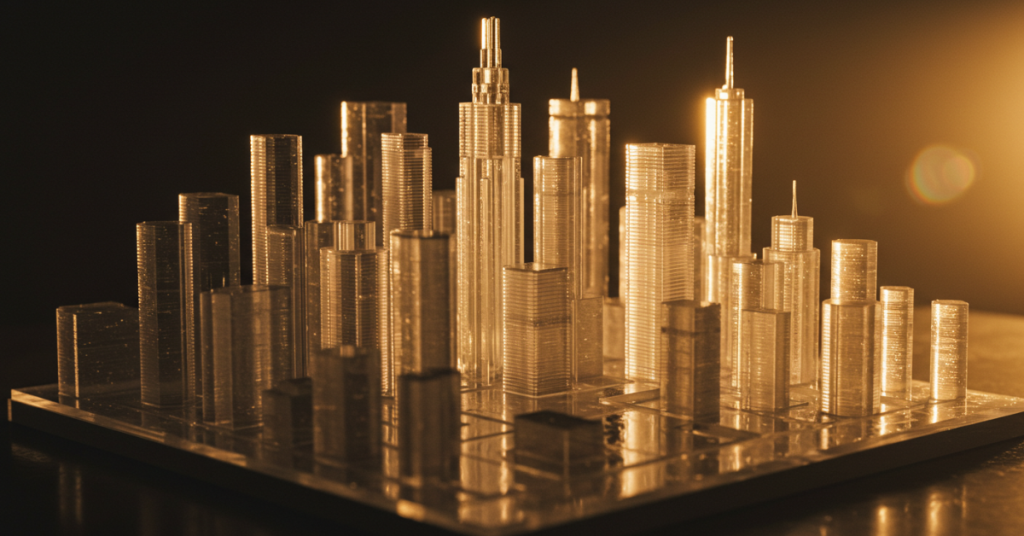 Miniature city skyline 3D printed in clear filament with glowing sunset lighting