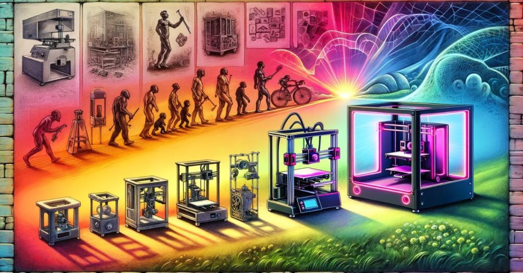 Artistic illustration showing the evolution of 3D printing technology leading to modern enclosed 3D printers, symbolizing the importance of selecting the right enclosure for print quality and safety.