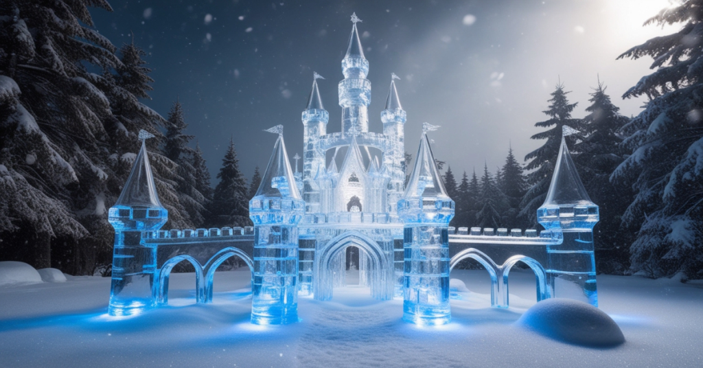 Fantasy ice castle 3D printed in clear filament glowing with blue LED lights in a snowy forest