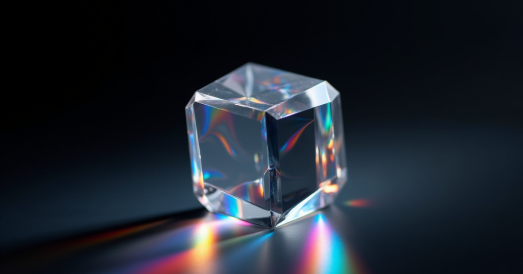 Transparent prism 3D printed in clear filament refracting rainbow light on a black background