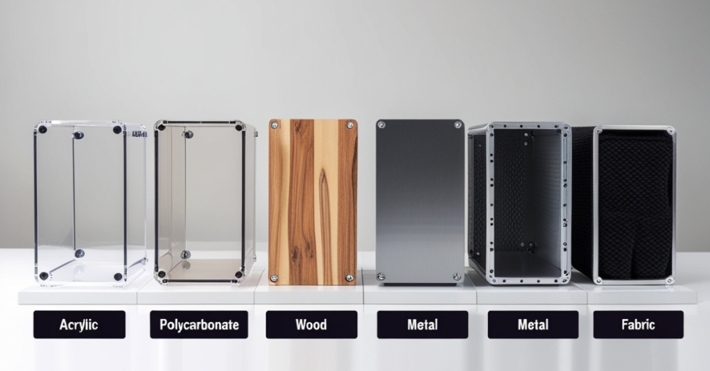 Comparison of 3D printer enclosure types: acrylic, polycarbonate, wood, metal, and fabric.
