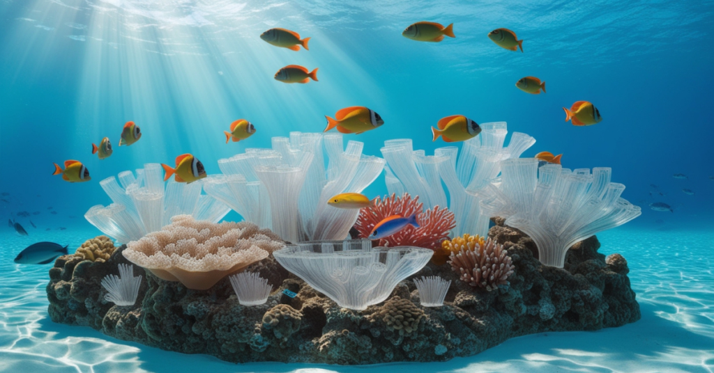 Underwater coral reef scene 3D printed in clear filament with colorful tropical fish swimming around