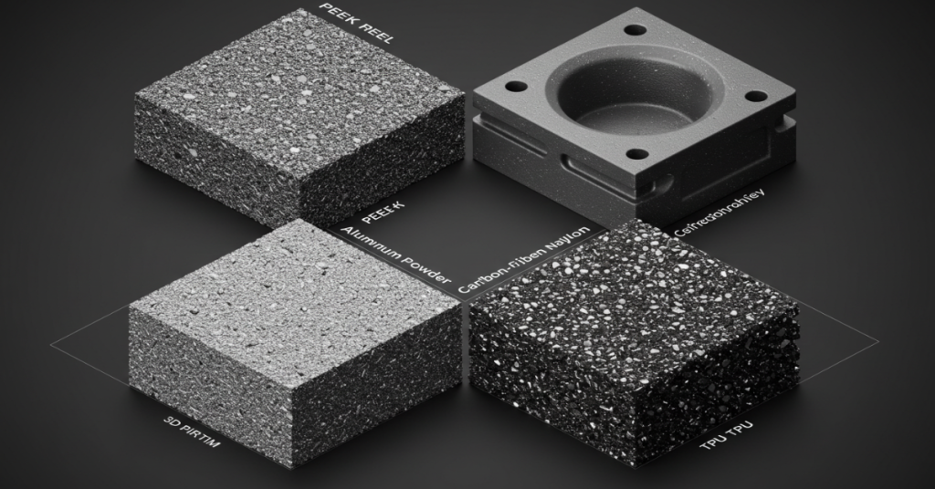 Examples of advanced automotive 3D printing materials including PEEK, aluminum, carbon-fiber nylon, and TPU.