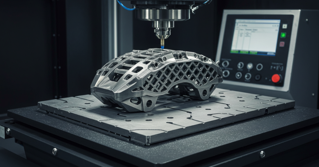 Titanium brake caliper with lattice design 3D printed on a metal powder-bed system.