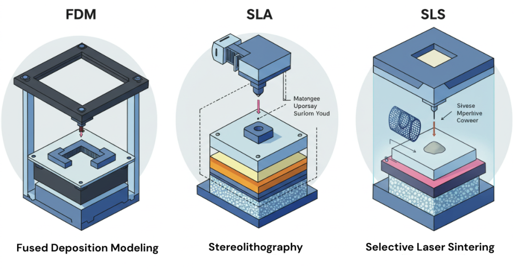 Diagram comparing FDM, SLA, and SLS 3D printing processes for automotive applications.