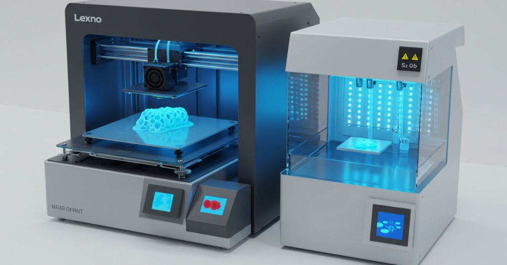 3D resin printer operating beside an active wash and cure station, both illuminated with blue light.