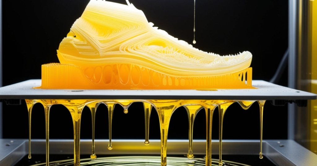 Freshly printed resin model emerging from the printer build plate, dripping resin into the vat below.