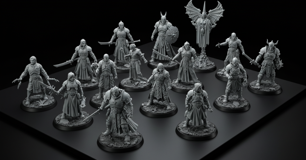 Tabletop showcase of highly detailed resin-printed miniatures, highlighting the precision of resin 3D printing.