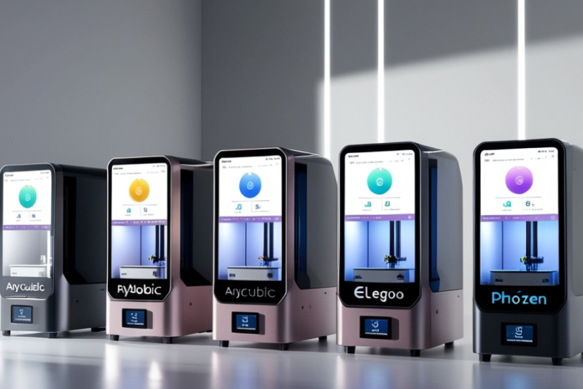 Lineup of modern resin 3D printers from Anycubic, Elegoo, Phrozen, and others, displayed in a clean, futuristic studio setting.