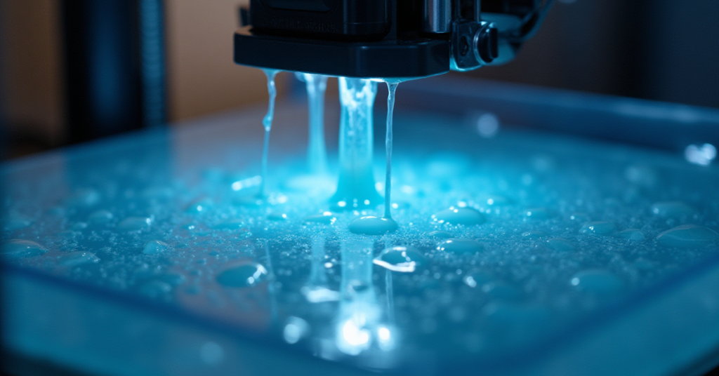 Close-up view of a resin printer vat filled with blue liquid resin under UV light, showing the curing process.