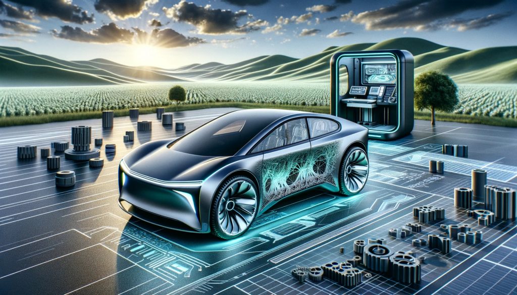 Futuristic electric car with 3D printed components and digital manufacturing setup, representing future trends in automotive 3D printing, smart features, and sustainability.