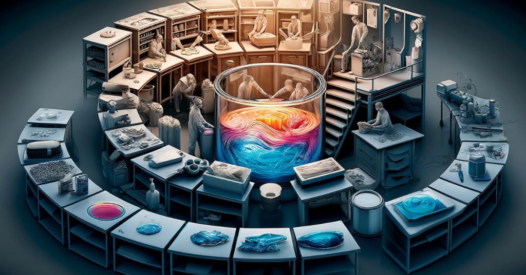 Conceptual artwork showing the chemistry and light-based technology behind resin 3D printing, symbolizing innovation and craftsmanship.