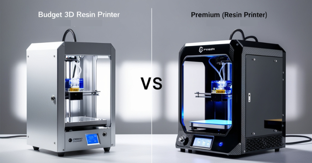 Side-by-side comparison of a budget and premium resin 3D printer, showcasing differences in build and design.
