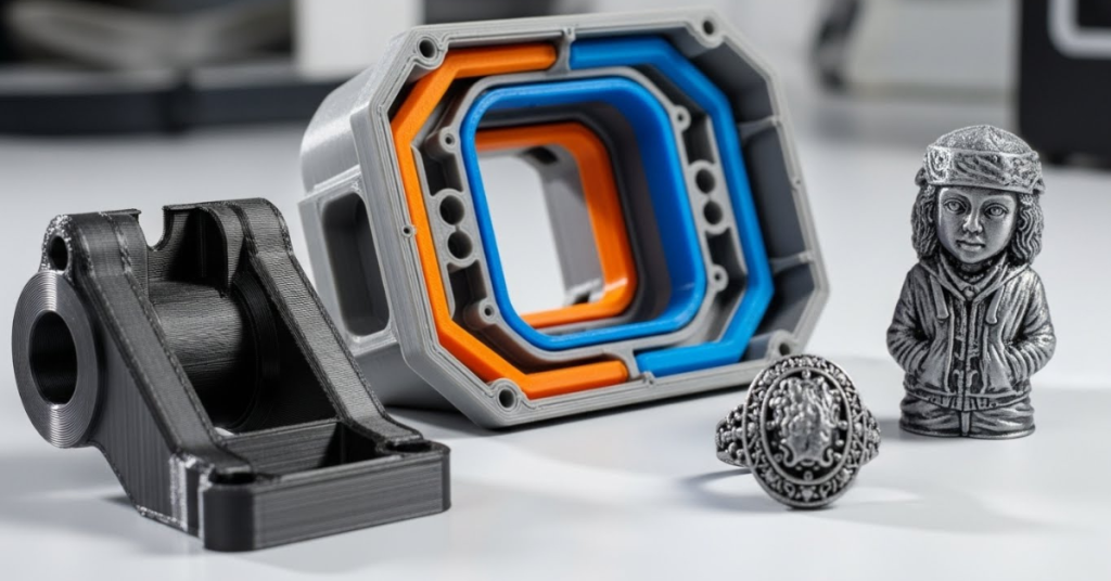 Collection of 3D-printed objects including functional mechanical parts, multicolor components, a miniature figurine, and a detailed decorative ring.