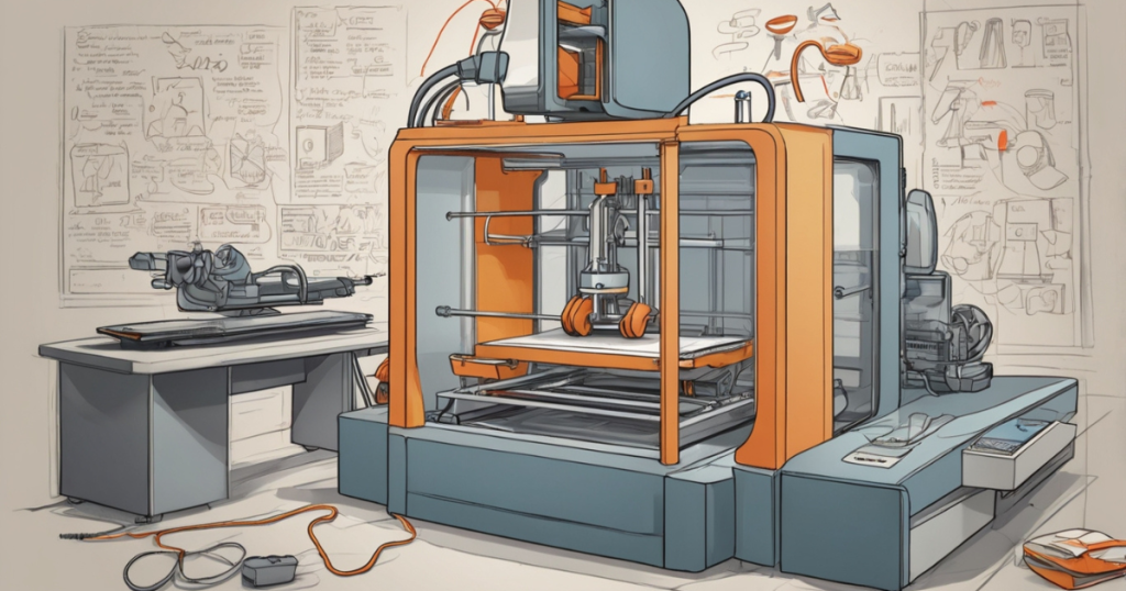 Illustrated 3D printer stands in a product design studio surrounded by concept sketches.