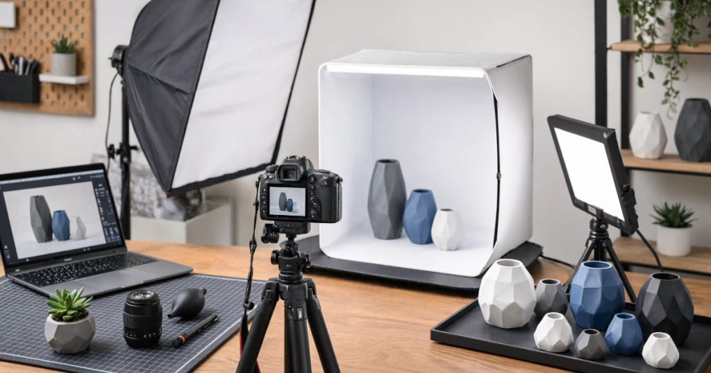 Camera and studio lights photograph geometric 3D printed vases for an online product listing.