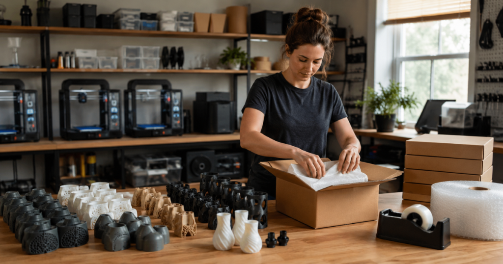 Small business owner packs assorted 3D printed products for customer orders.