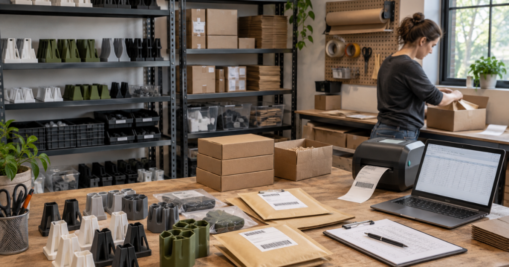 Seller prepares packaged 3D printed products with shipping labels and inventory records.
