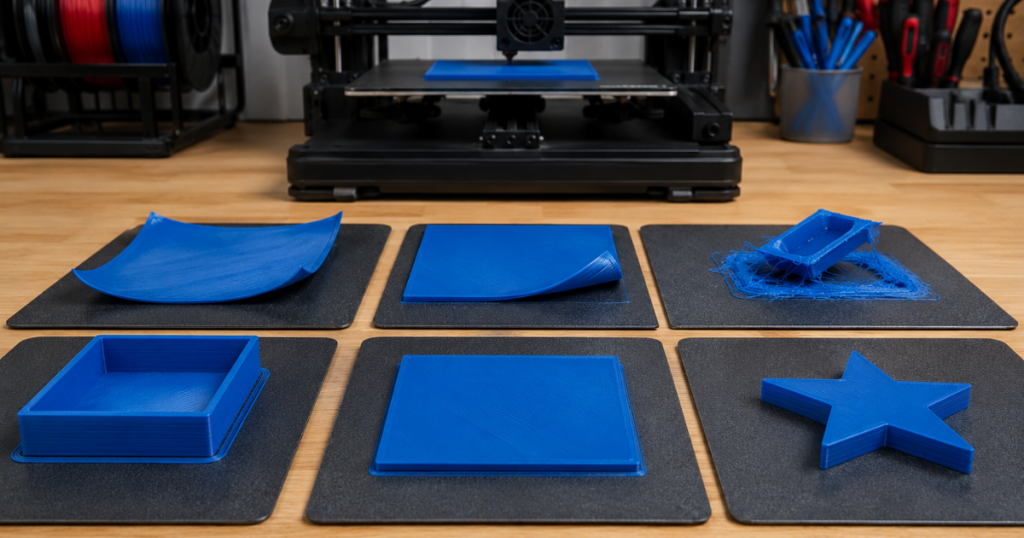 Blue 3D printed test pieces showing successful adhesion, warping, peeling, and failed first layers.