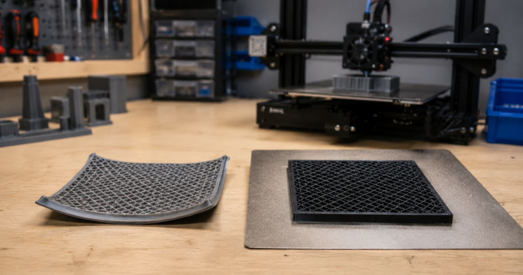 Warped 3D print beside a flat lattice print secured to a textured build plate.