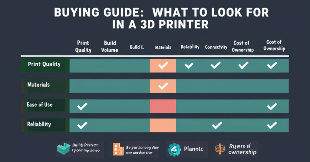 3D printer buying guide chart comparing print quality, build volume, materials, ease of use, reliability, connectivity, and cost of ownership.