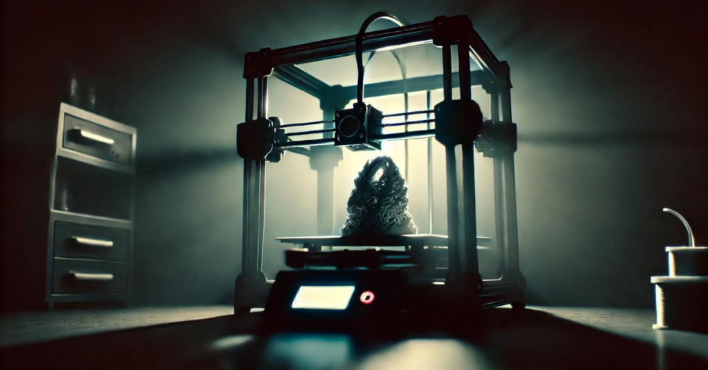 3D printer operating in a dramatic low-light studio environment, printing a detailed model on the build plate.
