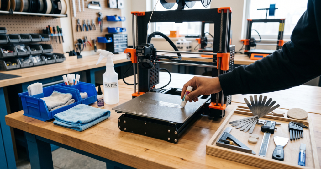 Person applying a glue stick evenly across a 3D printer build plate before printing.