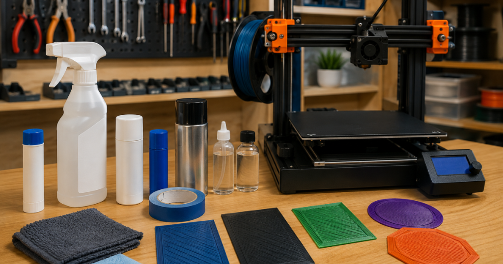 Assorted bed adhesion products displayed beside a 3D printer and colorful first-layer test prints.