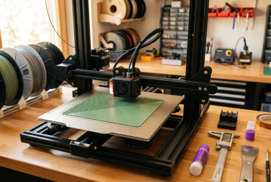 3D printer applying a first layer to a prepared build plate beside glue sticks and workshop tools.