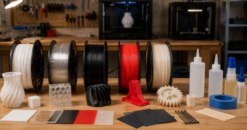 Filament spools, 3D printed parts, build surfaces, and adhesive products arranged for material compatibility testing.