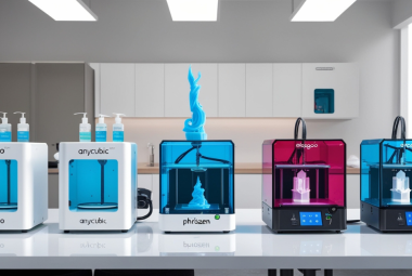 A lineup of modern resin 3D printers from major brands printing detailed models in a clean, well-lit workspace, showcasing different styles and capabilities for buyers comparing resin 3D printers in 2024.
