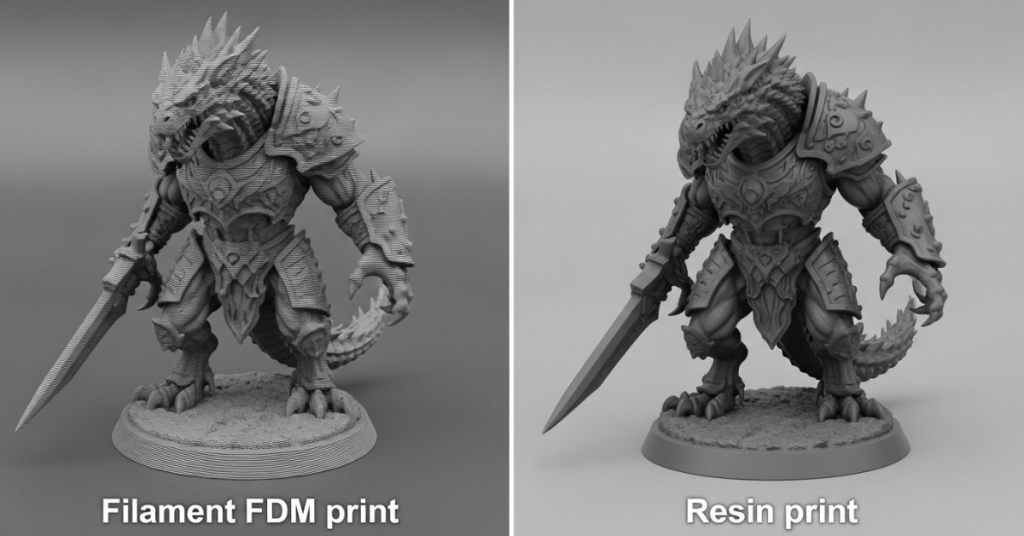 Side-by-side comparison of a detailed dragon miniature printed with FDM filament versus resin, showing visible layer lines on the FDM model and smooth high-resolution detail on the resin print.