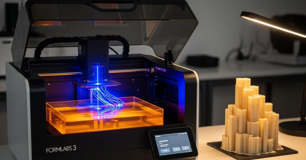 Formlabs 3 resin 3D printer using a blue laser to cure resin inside the build tank, with a finished architectural model displayed beside it.