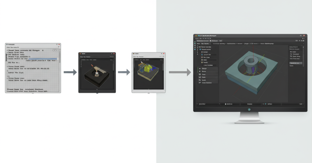 Comparison of early slicer software and modern advanced slicer interfaces.