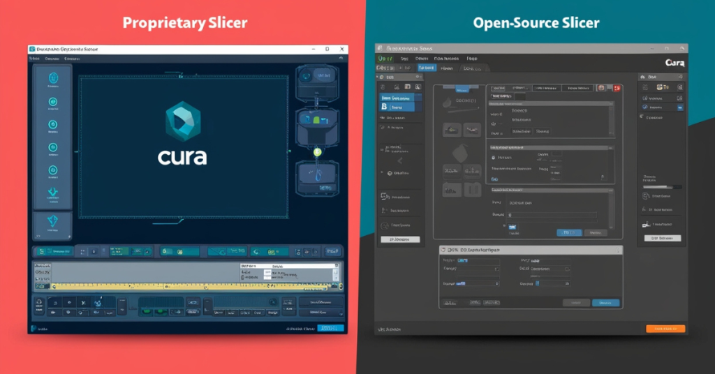 Comparison of proprietary slicer software and open-source slicer interfaces.