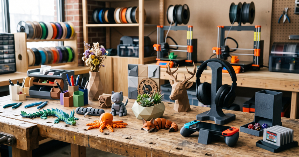 Colorful 3D printed desk organizers, decorations, toys, and gaming accessories fill a workshop table.