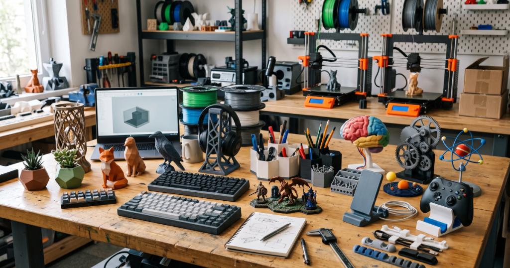 Workbench showcases 3D printed planters, figurines, organizers, accessories, and educational models.