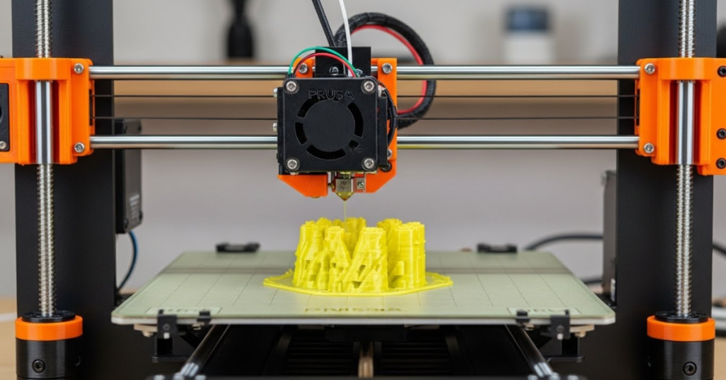 Close-up of a Prusa 3D printer creating a detailed yellow model, showing smooth layer lines and precise extrusion.
