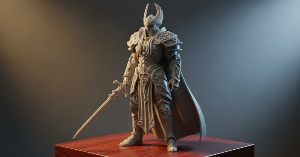 Highly detailed resin 3D printed fantasy warrior figure displaying smooth surfaces and intricate armor details, showcasing the precision of modern resin printers.