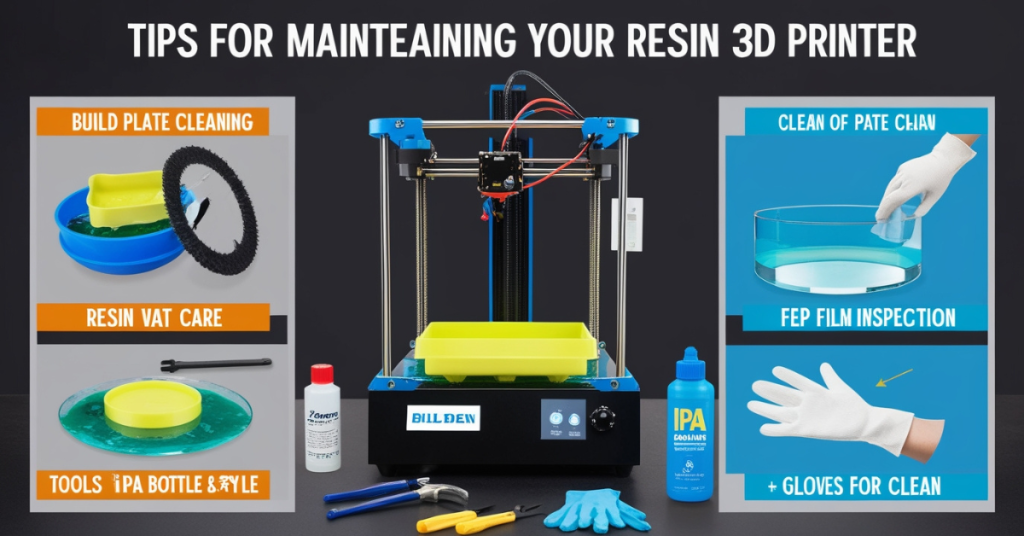 Maintenance tips for resin 3D printers including build plate cleaning, resin vat care, FEP film inspection, and essential tools like IPA and gloves.