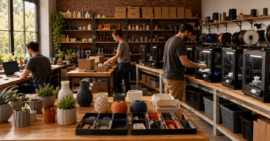Small production team prints, organizes, and packages decorative 3D printed products for sale.