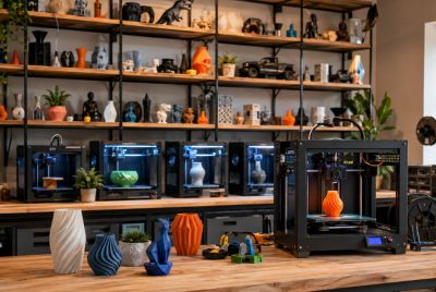 Workshop displays a range of 3D printed products beside several active 3D printers.