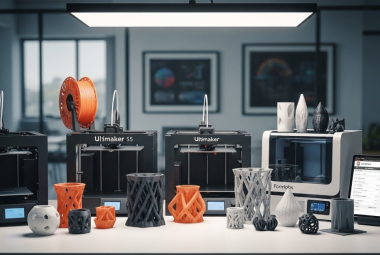 Lineup of 3D printers including Prusa, Ultimaker, and Formlabs models on a workspace desk with sample prints, highlighting top 3D printers for 2024.