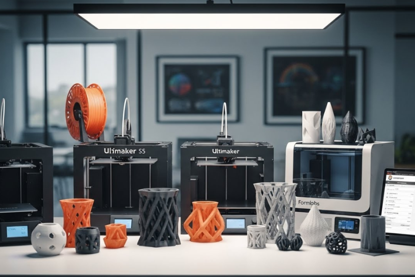 Lineup of 3D printers including Prusa, Ultimaker, and Formlabs models on a workspace desk with sample prints, highlighting top 3D printers for 2024.